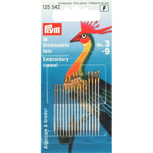 Prym - Fine Embroidery needles -  size 3 - 9  - card of 16  - 125542